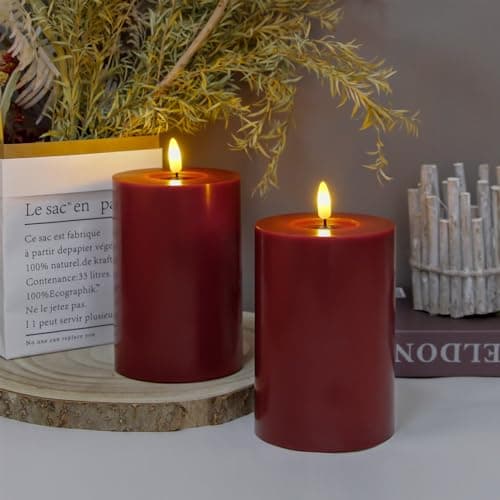 Zevanor Flameless Flickering 10cm x15cm Real Wax Burgundy Remote LED Candles with Candle Grease, Pack of 2 Timer Battery Operated Fake Warm Light Pillar for Home, Banquet, Ceremony Decoration — view 4