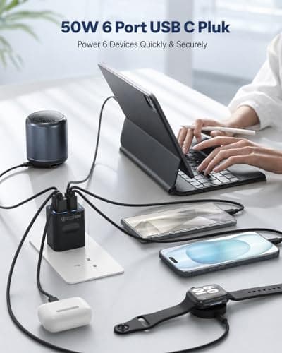 Tupneuf USB C Plug UK 50W, 6 Port USB Charger with 30W PD/PPS & 20W QC, Multiport Fast Charger Phone Charger for iPhone 17 16 15 Pro Max, iPad Pro Air, Samsung Galaxy S25 S24 S23, Android, Black — view 2