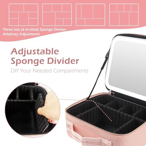 MOMIRA Travel Makeup Bag Cosmetic Bag Makeup Organizer Bag with Lighted Mirror, Adjustable Brightness in 3 Color Scenarios, Waterproof Makeup Train Case, Gift for Women - Pink — view 5