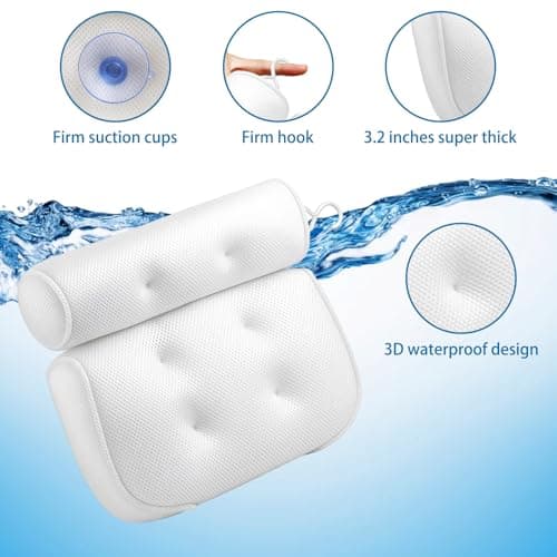 Bath Pillows for Head and Neck, Waterproof Bath Cushion with 6 Suction Cups, Soft Bathtub Pillow for Relaxing Bath, Fits Most Bathtubs (White, 35x33x5cm) — view 3