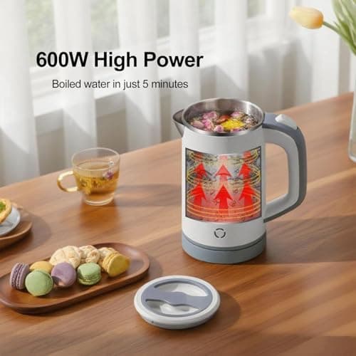 Zoravson 0.8L Travel Kettle Small, Low Wattage Kettle, Compact Electric Kettles Dual Voltage 110-240V, Auto Shut-Off and Dry-Boil Protection Stainless Steel Kettles for Office,Bedroom,Caravan-White — view 3