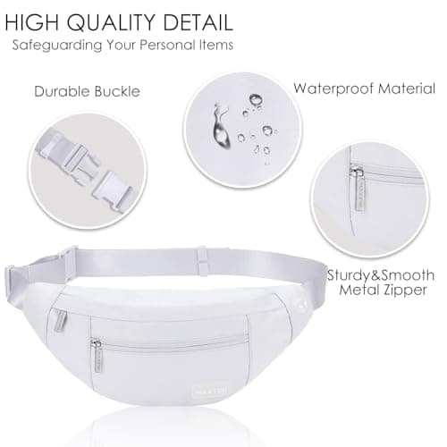 MAXTOP Large Bumbag Waist Fanny Pack Running Belt for Men Women Unisex Bum Bag with Headphone Jack and 4-Zipper Pockets Adjustable Belt for Travel Running Jogging Workout Hiking Gifts White — view 4