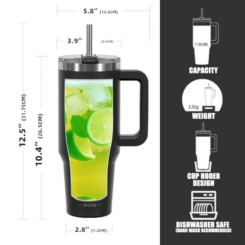 BIGRD Insulated Coffee Cup Travel Mug with Handle and Straw 40oz,Stainless Steel Double Wall Vacuum Leak Proof Water Bottle for Cold Hot 1.2L,BPA-Free,Black — view 3