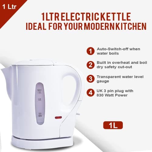Crystals 1 Litre Electric Travel Kettle - Low Wattage Portable Mini White - Small Lightweight Cordless Water Kettle for Elderly, Bedroom, Caravan, Camping, Daily Use - 830W — view 4