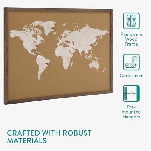Navaris Cork World Map Pinboard Wood Frame - Cork Board World Map Poster - Large Travel Map with Pins - Cork Boards for Walls Bedrooms Offices - Map of the World Wall Art Pin Board — view 4