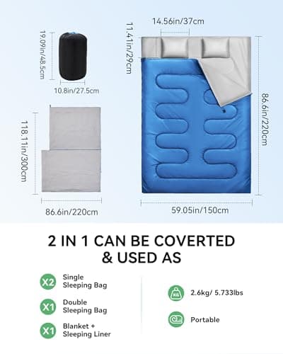 Warmiehomy Double Sleeping Bags for Adults with 2 Pillows, 300 GSM King Size Sleeping Bag, Waterproof XL 3 Season Sleeping Bag with Carrying Bag for Indoor & Outdoor Use, Warm Camping Quilt(Blue) — view 2