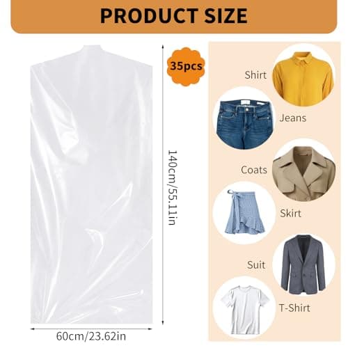 35 Pack Plastic Clothes Covers, Dry Cleaning Bags, Garment Bags 60 * 140 cm — view 2