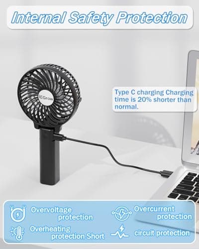 iEGrow Handheld Fan, Portable USB Mini Travel Fan with 2000mAh Rechargeable Battery, 3 Speeds Desk Fan for Home, Office and Travel-Black — view 5