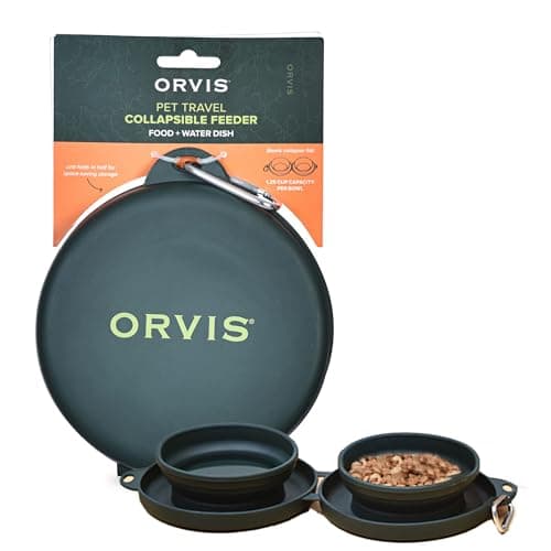 Orvis Pet Travel Collapsible Feeder with Food + Water Dish, 2-in-1, BPA Free, Food-Grade Silicone | Space-Saving Pet Travel Bowls, Nonslip Bottom + Carabiner Clip