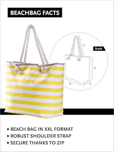 DonDon Large Beach bag for women with zip Waterproof Pool bag holiday bag Maritime Stripes Yellow White — view 3