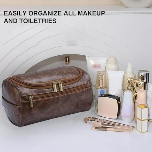 PU Leather Toiletry Bag for Men, Dark Brown Wash Bag for Travel, Gym & Shaving, Dry & Wet Separation with 3 Compartments - Perfect Men's Washbag (TeaColour) — view 5