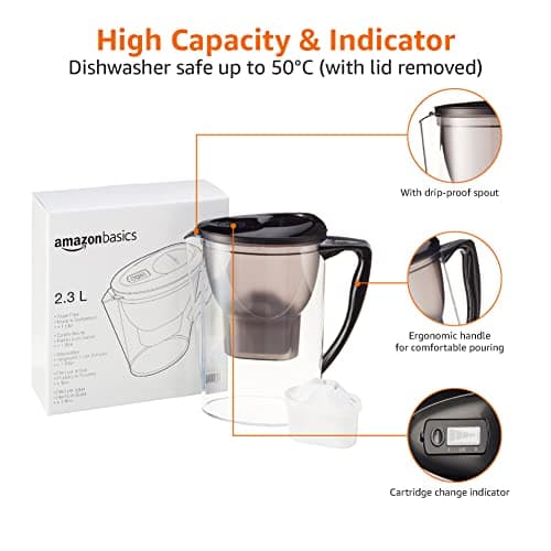 Amazon Basics 2.3L (4 Pints) Water Filter Jug with 1x30 Days Cartridge, BPA Free, Black — view 3