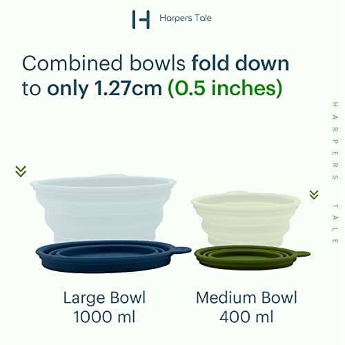 H HARPERS TALE Two Pack, Medium & Large Bowls 400ml 1000ml, Collapsible Travel Dog Food Water Bowls, Safe Silicone, Integrated Mold, No Plastic Rim, Carabiner Clip, BPA-Free, Steel Blue & Moss Green — view 3