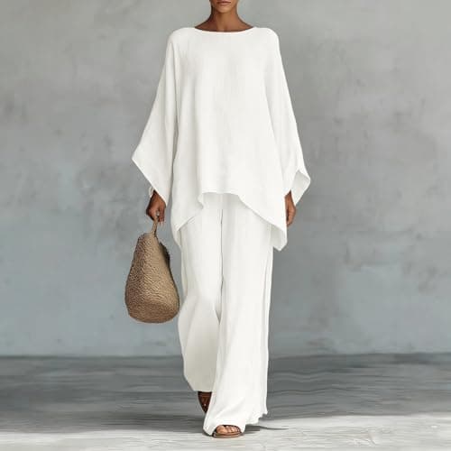 Lounge Wear Set Women Casual Linen Tracksuits 2 Piece Outfits Loose Summer Co Ord Set Ladies Long Sleeve Tunic Tops Pullover Elastic Waist Wide Leg Trousers Holiday Beach Travel Wedding Party Uk S-2XL — view 4