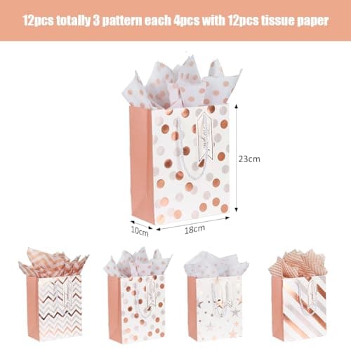 12 Pack 9" Gift Bags Medium Size with Tissue Paper, 4 Design Rose Gold Paper Gift Bags with Handles for Party Wedding Baby Shower Holiday Presents Small Business — view 2