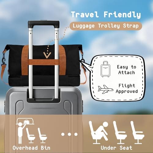 Travel Duffel Bag, Foldable Waterproof Overnight Holdall Bag, Carry On Luggage Weekend Bag with Wet and Dry Separation, Hospital Sports Gym Tote for Women and Men (Black) — view 4