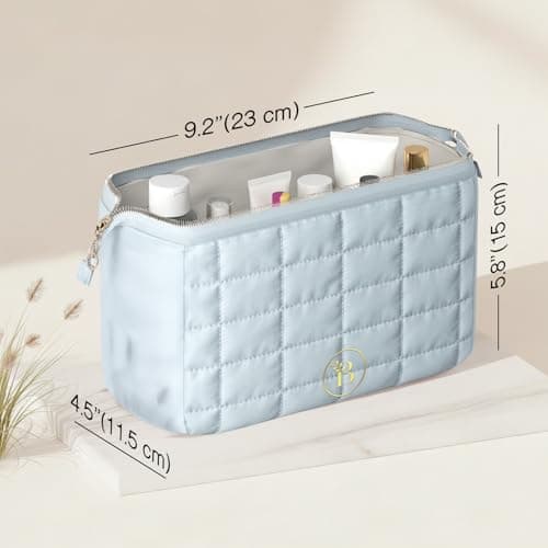 Quilted Blue Makeup Bag for Women, Travel Toiletry Bag with Wide-Open Top & Zipper Pouch, Travel Makeup Case Organizer with Internal Pockets, Puffy Cosmetic Pouch for Everyday Essentials — view 4