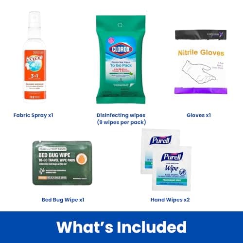 Travel Cleaning Supplies Kit - Travel Size Cleaning Supplies For Hotels, Bathrooms with Gloves, Surface Wipe, Fabric Cleaner, Hand Wipes, Bed Bug Wipes — view 2