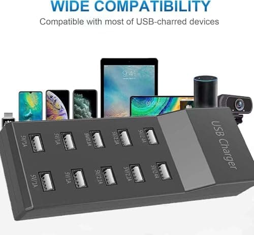 USB Charger Station, 10 Port USB Charger Hub 50W Multiple Charging Station Compatible with iPhone 12/13/14/15/16/Samsung S22/S23/S24/Z Flod/Z Flip/iPad/Xiaomi/Oppo/OnePlus.（Black） — view 4