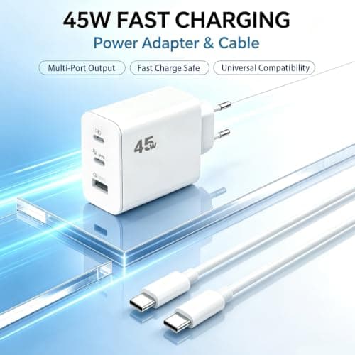 EU plug travel adapter charger, 45W European plug travel charger with 2 USB-C fast charging ports and 1 USB-A port, with 65W USB C fast charging cable — view 6