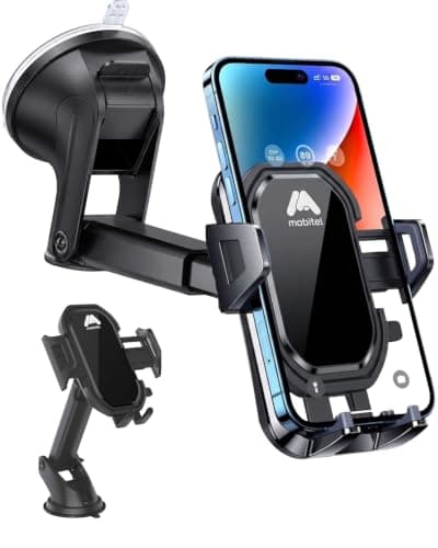 Mobitel Car Phone Holder for Dashboard & Windscreen Strong Suction Cup Car Phone Mount 360° Adjustable Mobile Phone Holder with One Button Release for iPhone 17/16 Samsung Galaxy Google Pixel 4-7"