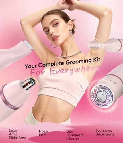 Facial Hair Remover for Women,4-in-1 Bikini Trimmer Women,USB C Mini Lady Shavers with 4-Level Battery Indicator (25%, 50%, 75%, 100%) Eyebrow Razor,Nose Trimmer,for Face Nose/Ear Body,Pink — view 3