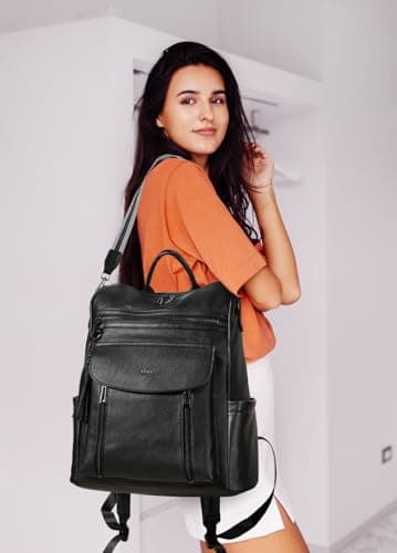 Shrrie Laptop Backpack for Women 15.6 inch,Travel Leather Backpack Purse Nurse Teacher Carry on Backpack,Professional Water-Resistant College Business Work Casual Daypack,Two-tone Black — view 2