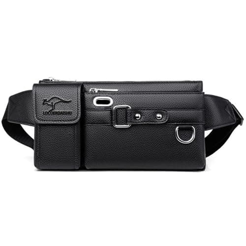 Genuine Leather Bum Bag, Unisex Waist Fanny Pack with Zippered Pockets, Large Capacity Travel Money Belt for Passport, Phone, Dog Walking, Festivals, Hiking, Running (Black)