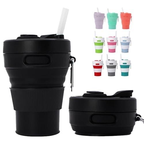 MORAINJAY Collapsible Coffee Cup with Lids,15oz/450ml Black Silicone Portable Reusable Coffee Mug,Foldable Camping Travel Cup Fits in Your Pocket(Collapses to 6cm)