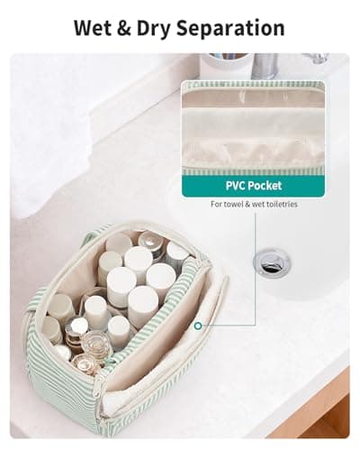 Narwey Large Toiletry Bag for Women, Travel Wash Bag Women for Full Size Toiletries, Wide Open Toiletries Bag Makeup Cosmetic Organizer Bag for Essentials Accessories (Mint Green Stripe) — view 4