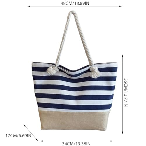 SSKHE Waterproof Beach Bag for Women Beach Bag with Zipper,Summer Tote Bags Canvas Stripe Travel Bag Reusable Shopping Shoulder Handbags for Gym Pool Picnic Holiday Essentials(48×35×17cm) Blue — view 4