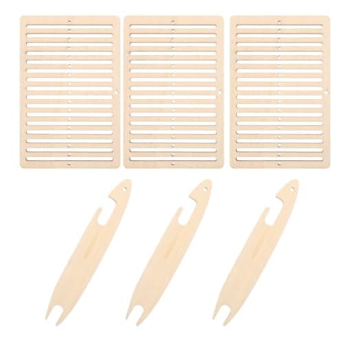 POPETPOP 3 Sets Wooden Weaving Loom Kit with Shuttle for Beginners, Khaki
