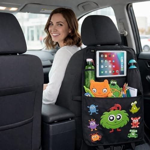 HECKBO 1x Monster Children’s Car Back Seat Organiser with Touch Tablet Holder – Insulated Drinks – Extra Large Storage Compartment – Easy Installation — view 3