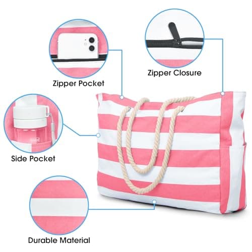 oscaurt Large Beach Bag for Women Waterproof Beach Tote Bag with Zip Travel Essentials Foldable Shopping Bag Pool Bag — view 4