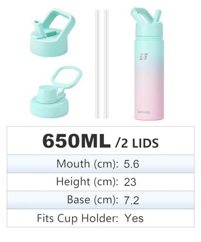 SUNWILL Stainless Steel Water Bottle with Straw, 650ml Insulated Water Bottle Metal, Leakproof Water Flask for Gym & Travel, Gradiant Mint Sakura — view 4