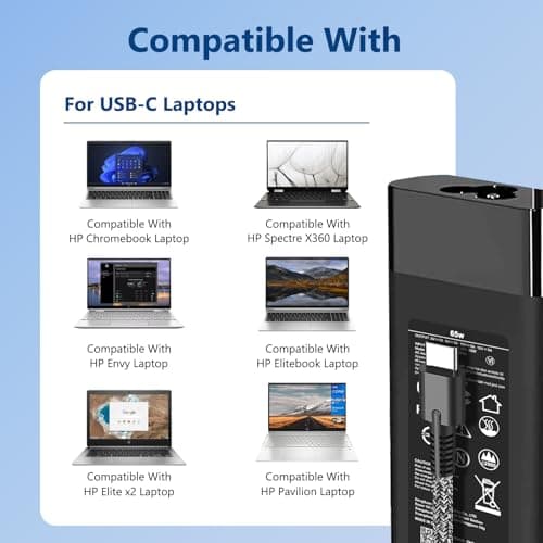 New Slim 65W 45W USB C Laptop Charger Compatible with HP Spectre x360, Spectre, Chromebook, Elitebook x360, Elitebook, Elite x2, Envyx360, ProBook Travel Type C Power Cord — view 3