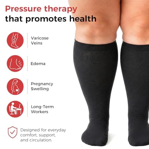Plus Size Compression Socks for Women & Men, Wide Calf Extra Large Calves Knee High Flight Stockings for Pregnancy, Nurses, Seniors (Black, 4XL) — view 4