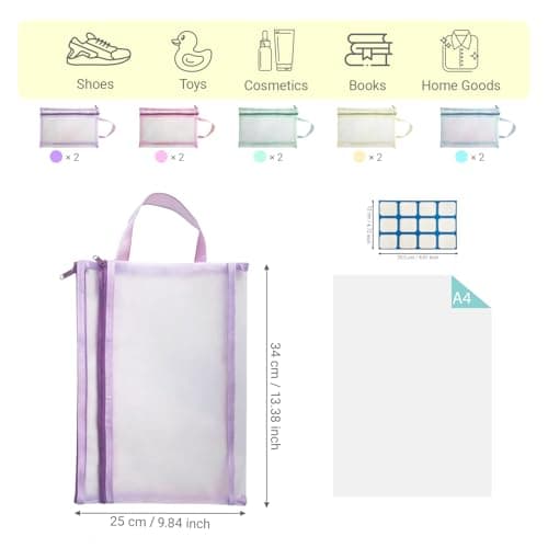NCEDN Mesh Zipper Pouch Bags – 10 Pack A4 Double-Layer Mesh & Net Toy Storage Bags, Breathable See-Through Zipper Pouches for Board Game Storage, Kids Puzzle Storage, Books, School & Office — view 2