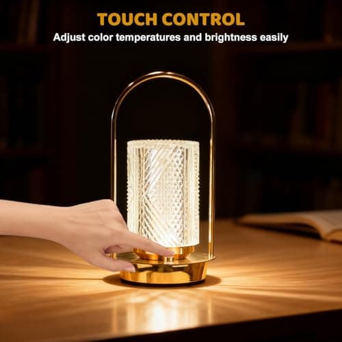 CECOMBINE Cordless Table Lamp Rechargeable - Protable Metal Gold Table Lamps, Crystal Lantern Table Lamp Touch Lamp, 3 Color Stepless Dimming Battery Operated Lamp for Indoor Outdoor Camping (Gold) — view 4