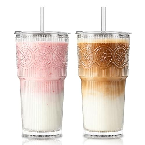 SoulTimes 600ml Ribbed & Floral Glass Tumbler Set of 2 – Reusable Glass Cups with Lid and Glass Straw, Iced Coffee Cups for Water, Smoothie, Milk & More – Perfect for Daily Use & Travel
