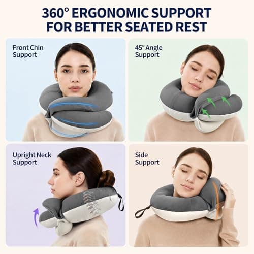 BUYUE Travel Neck Pillows for Airplanes, 360° Head Support Sleep for Long Flight, Skin-Friendly & Breathable, Kit with 3D Contoured Eye Mask, Earplugs and Storage Bag (Adult, Grey, 100+ lbs) — view 2