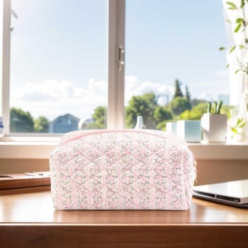 Square Floral Cosmetic Bag for Women, Quilted Large Capacity Makeup Pouch with Zipper Closure - Aesthetic Cotton Travel Toiletry Organizer (Pink) — view 6