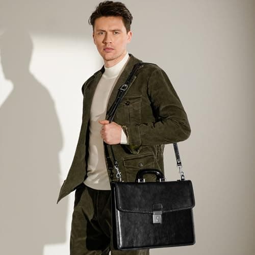Time Resistance Leather Briefcase - Full Grain Leather Attache Case - Laptop Bag (Black) — view 2