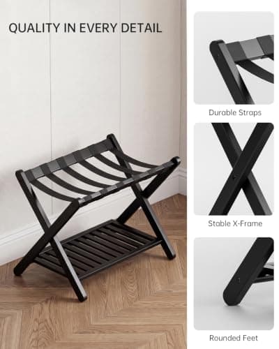 SMIBUY Luggage Rack, Foldable Bamboo Suitcase Stand with Storage Shelf for Guest Room, Bedroom, Hotel, Heavy-Duty (Black) — view 6