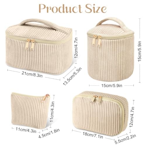 Aucuu Corduroy Cosmetic Bag, 4 Pcs Makeup Bag, Large, Medium and Small Cosmetic Bag, Striped Corduroy Portable Bag with Metal Zipper, Travel Cosmetic Bags Organizer for Women, Travel, School, Gift — view 2