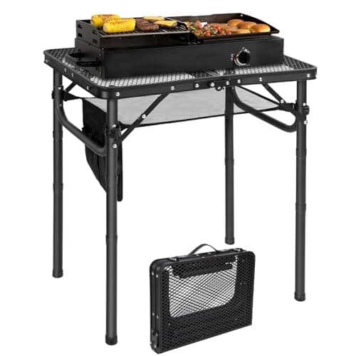 REDCAMP Folding BBQ Table, 3-Height Adjustable,60x40cm,Black