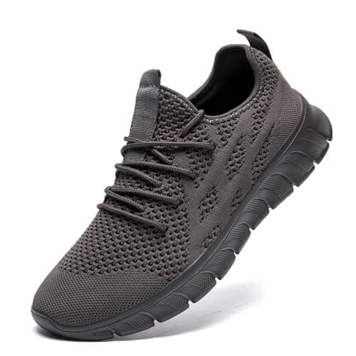 LANGFEUU Mens Trainers Breathable Lightweight Non-Slip Dark Gray UK Size 10
