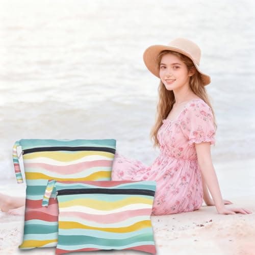 PRESSINART 2Pcs 2 Sizes Wet Dry Bag Rainbow Beach Wet Bags Stripe Pattern Polyester Waterproof Sandproof Reusable Storage Zipper Pouch for Friends Makeup Swimsuit Travel Dirty Diaper Clothes Gifts — view 5
