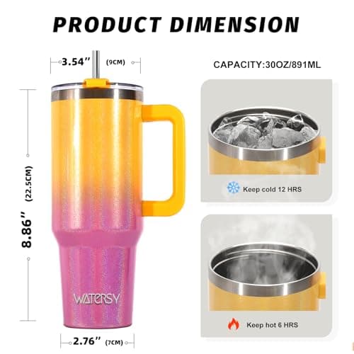 WATERSY Travel Mug Coffee Cup 30oz Tumbler Straw Lid and Handle, Stainless Steel Double Wall Vacuum Insulated Coffee Water Bottle Thermal for Cold Hot Coffee 891ml Shiny Yellow — view 2
