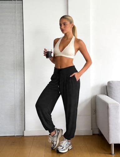 Terecey Womens Yoga Pants High Waist Harem Trousers with Pockets Black — view 2
